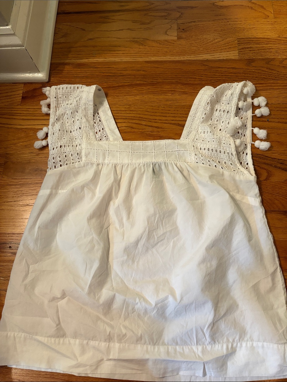 J. Crew White Cotton Top with Pom Pom detailed neckline